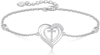 RIVIKO Heart Initial Bracelets for Women,925 Sterling Silver Letter Bracelets, Personalized Charm Alphabet Jewelry Valentines Christmas Mother’s Day Birthday Gifts for Women Friend Her Mom Wife Lady
