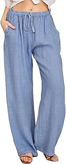 loveimgs Pantaloni da spiaggia in lino estivo da donna con gamba larga e elastico in vita allentata leggera con coulisse, Blu, S