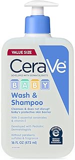 CeraVe Baby 2-in-1 Wash & Shampoo with Vitamin E for Hair & Skin, 16oz | Tear-Free Wash For Baby Hair and Skin with Vitamin E, Fragrance-Free, Paraben-Free, Dye-Free, Phthalates-Free, Sulfate-Free