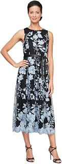 Alex Evenings Women's Sleeveless Midi Dress With Elegant Embroidery, Full Skirt and Tie Belt (Petite and Regular Sizes)