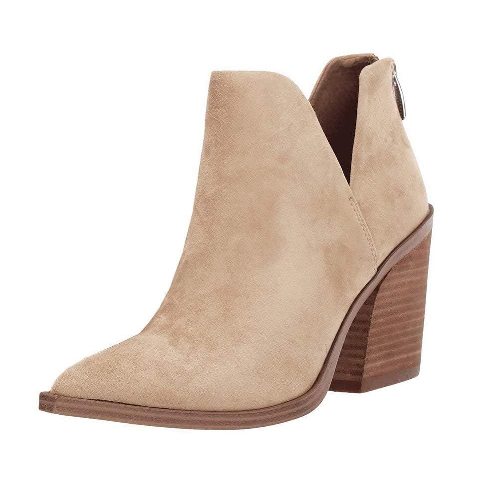 FISACE Womens Pointed Toe Stacked Mid Heel Ankle Boots V Cut Back Zipper Faux Le