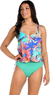 [24th & Ocean] Women's Tankini Top Underwire V-Neck Blouson Tankini Swimsuit Top Blue