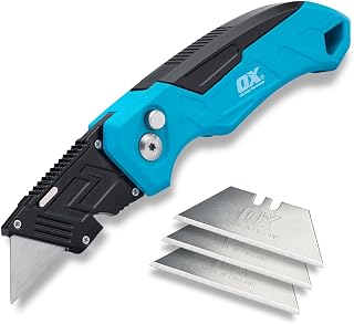 OX TOOLS P224301 Pro Heavy Duty Fixed Blade Folding Knife, Blue / Black | 3 Different Angle Locking for Optimal Cutting, Quick Folding & Blade Change, Notched Thumb Rest, Ultra Sharp Steel Blades