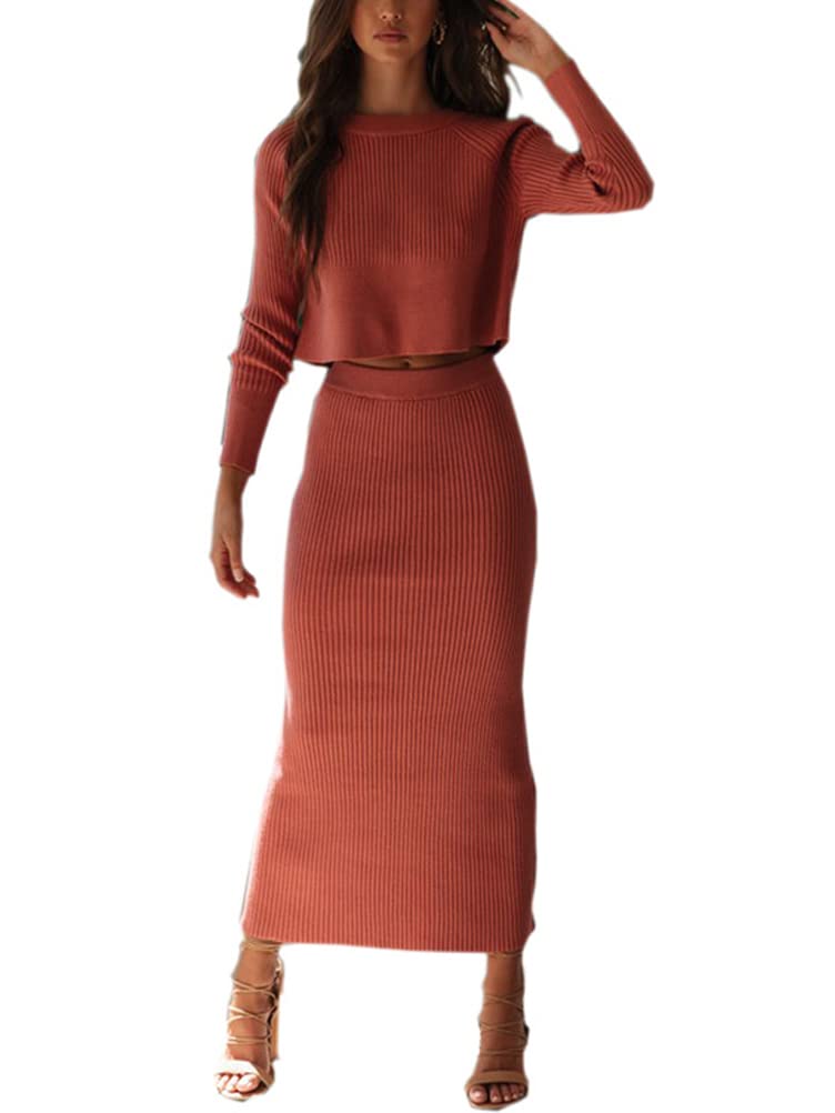 ORANDESIGNE Women's Knitted Dress, Two-Piece Suit, Pullover Top and Midi Knitted