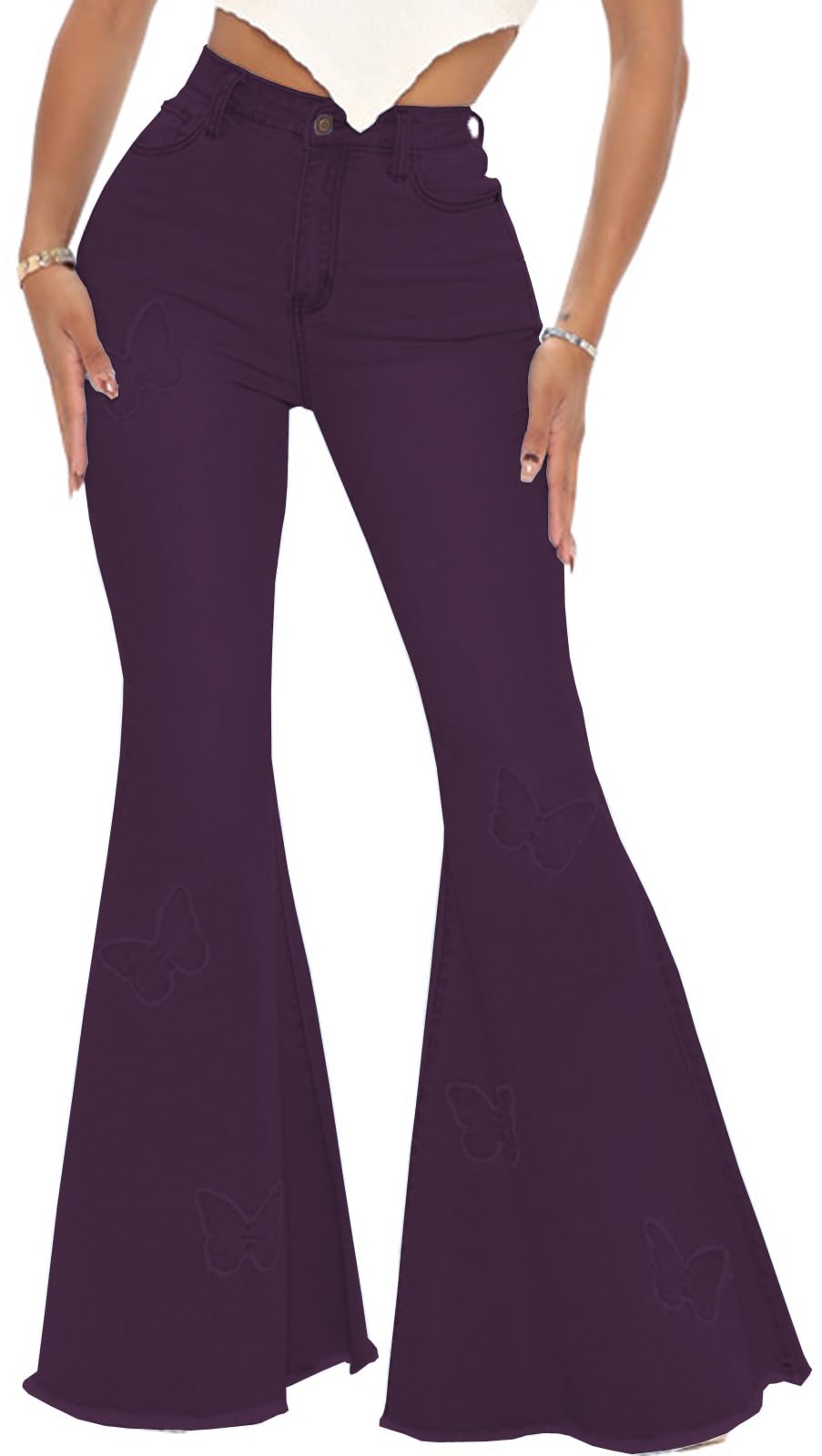 Women's Butterfly Bell Bottom Jeans Elastic High Waisted Embroidered Classic Fla