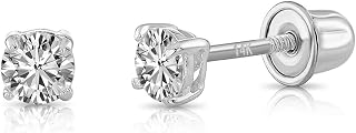 14k White Gold Solitaire Round Cubic Zirconia CZ Stud Earrings in Secure Screw-backs