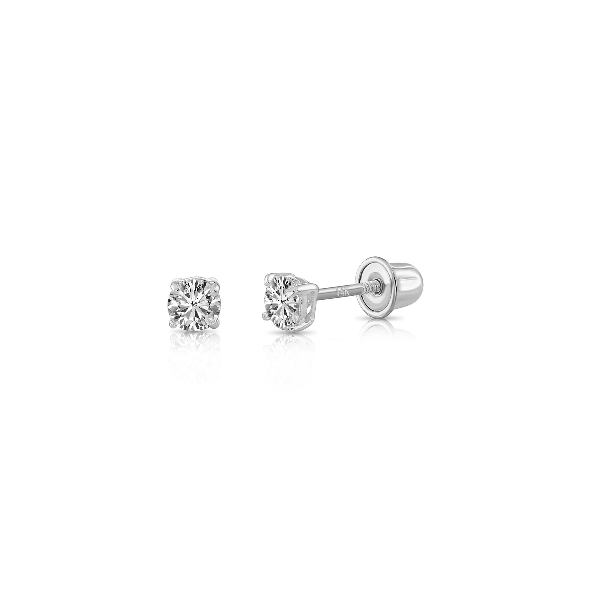 14k White Gold Solitaire Round Cubic Zirconia CZ Stud Earrings in Secure Screw-b