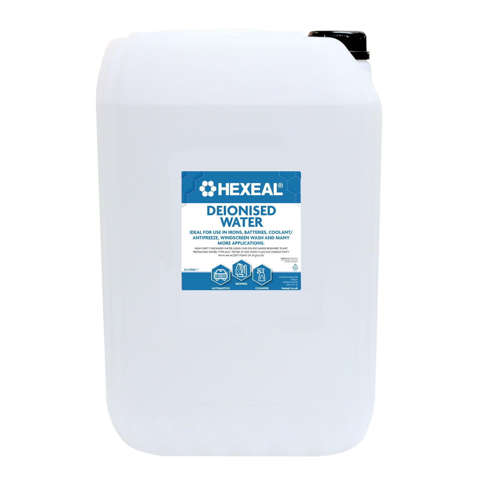 Hexeal Deionised Water 25L - For Steam Irons, Car Batteries & Vehicles | Also Fo