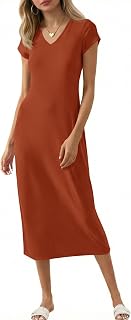 Wenrine Womens Short Sleeve T-Shirt Dress V Neck Summer Casual Midi Dresses