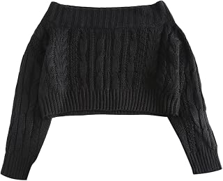 ZAFUL Women Off Shoulder Sweatshirt Batwing Ribbed Knit Crop Sweaters