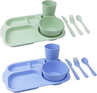 12 Pcs Reusable Plastic Plates and Bowls Set for Plate, Bowl, Cup, Fork, Spoon, Knife,Microwave & Dishwasher Safe (Blue+Green)