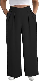 Women Wide Leg Cross Waist Pleated Front Casual Work Trousers with Pockets (1X-5X)