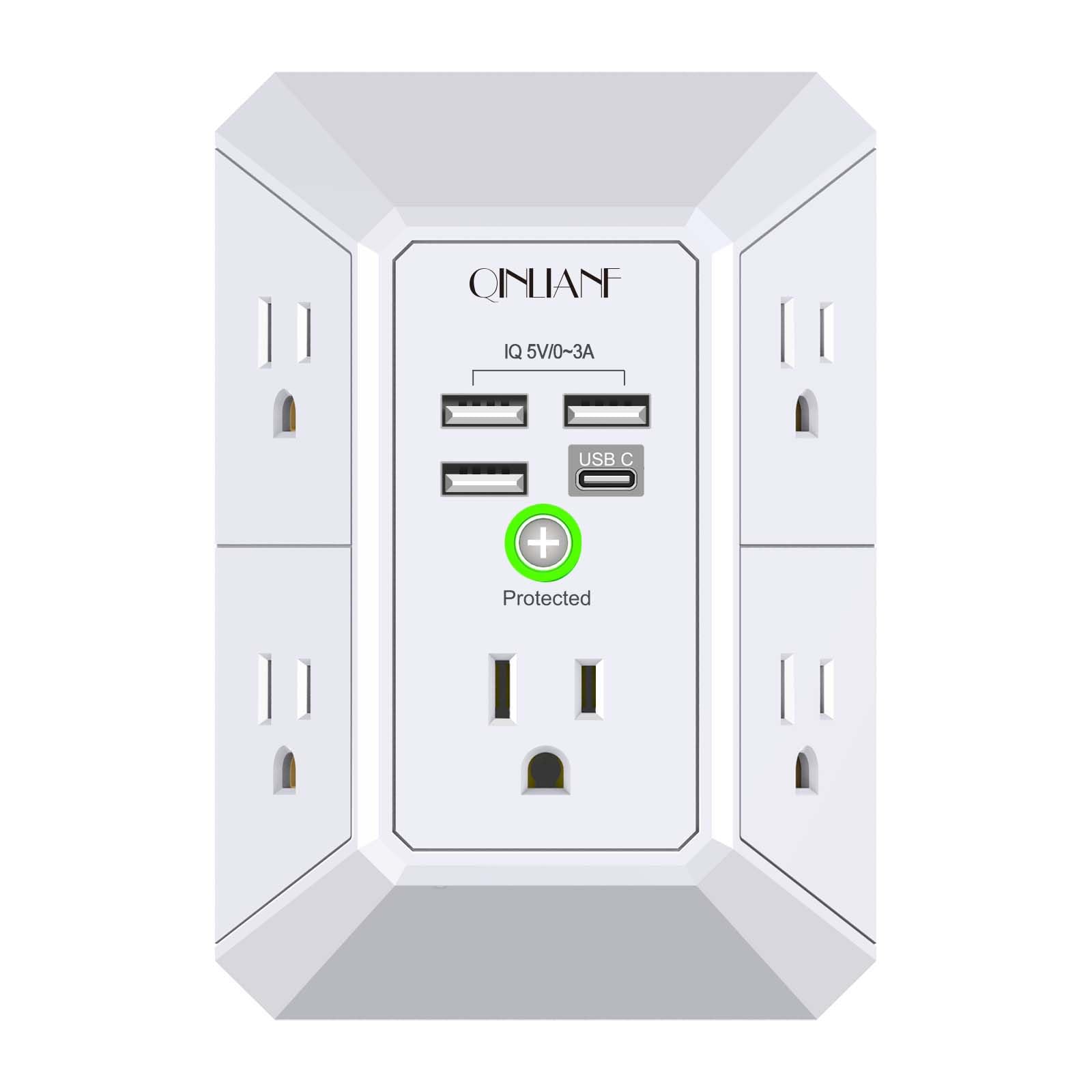 Wall Charger, Surge Protector, QINLIANF 5 Outlet Extender with 4 USB Ports | 168