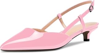 NobleOnly Women's Kitten Low Needle Heel Closed Toe Pointed Toe Pumps Ankle Strap Slingback Office Sandals Clear Dress Cute Shoes