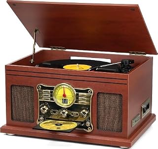 FEKTIK Bluetooth Record Player 10 in 1, 3-Speed Turntable for Vinyl with Speakers, LP to MP3 Converter, CD, Cassette Player, FM Radio, Wireless Streaming | Mahogany