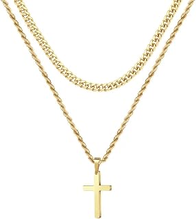 Ursteel Layered Cross Necklaces for Men - 18K Gold Plated Cross Necklaces Chain for Men Boys Gifts, Silver Rope Chain Layered Necklace Jewelry 16 18 20 22 24 Inch, First Communion Gifts for Boys