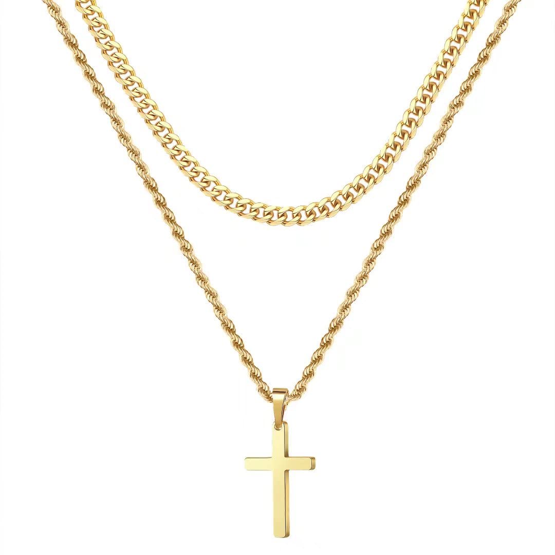 Ursteel Layered Cross Necklaces for Men - 18K Gold Plated Cross Necklaces Chain 