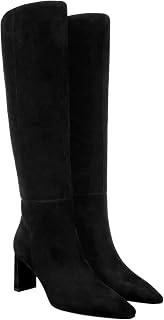 Coutgo Womens Wide Calf Closed Toe Chunky Heel High Boots Side Zipper Autumn Dress Shoes