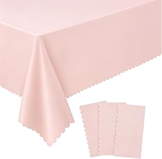 NatNarr 3 Pcs Plastic Light Pink Tablecloths, Scalloped Table Cloths | 54 x 108 In Pink Table Covers Rectangle for Girl Birthday, Wedding, Baby Bridal Shower, Halloween, Leakproof & Sturdy