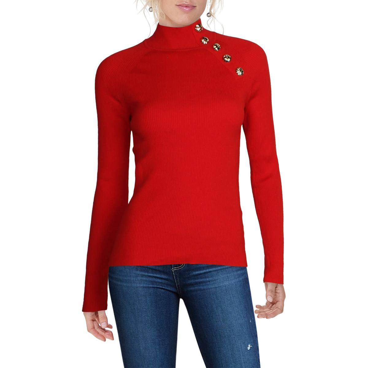 Anne Klein Womens Ribbed Pullover Sweater, Red, Large