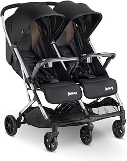 Joovy Kooper X2 Lightweight Travel Double Stroller, Black | Compact tri-fold design, dual child snack trays, independent deep recline, 2 zippered pockets