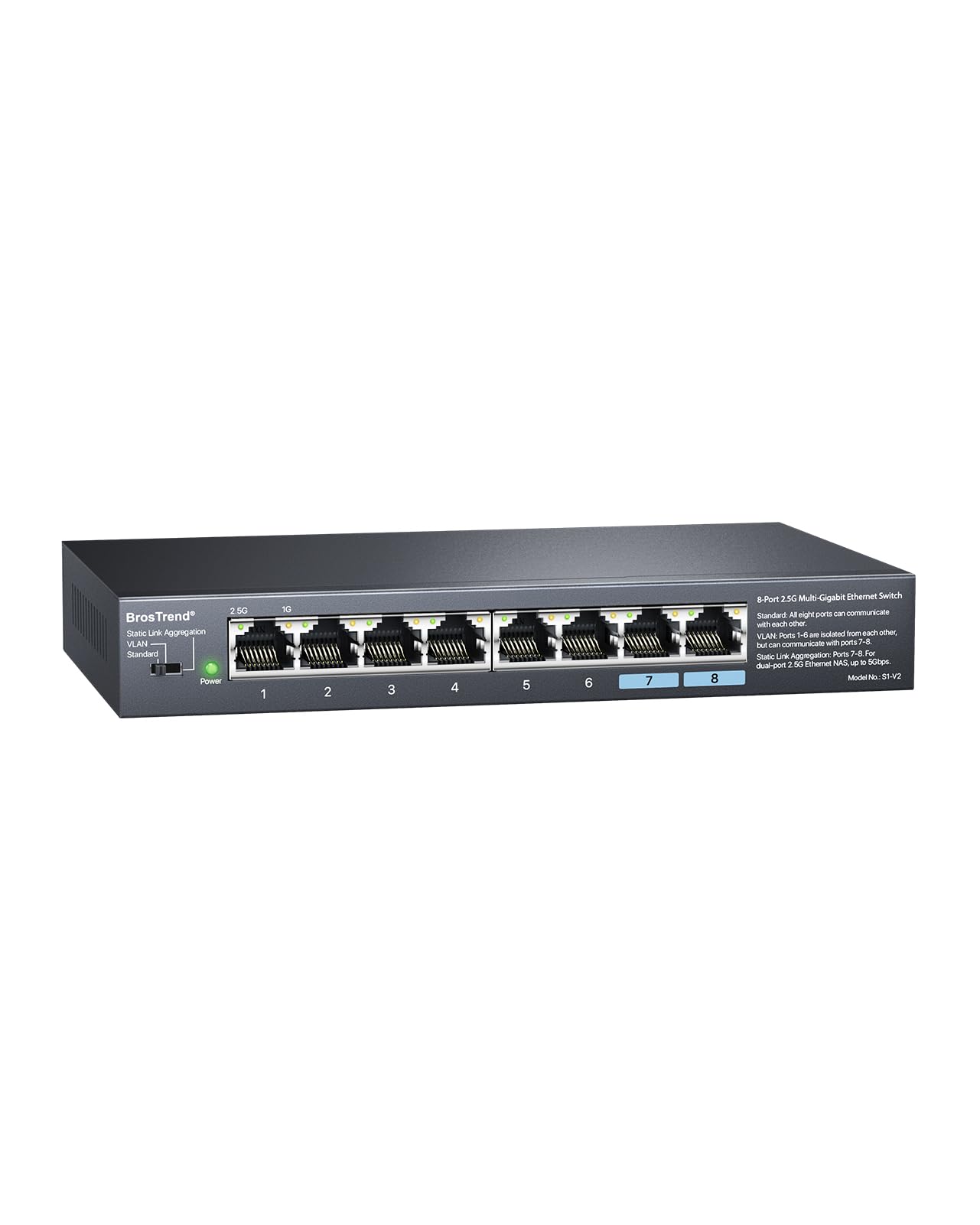 BrosTrend 8 Port 2.5GB Unmanaged Switch, Metal Case, Plug & Play, Fanless | Standard / Static Link Aggregation / VLAN, Network Switch 2.5 Gigabit, Splitter Multi-Gigabit for PC NAS, Lifetime Protection
