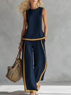 Women's 2 Piece Outfit Sleeveless Tank Top and Wide Leg Pants Perfect for Holiday and Casual Wear