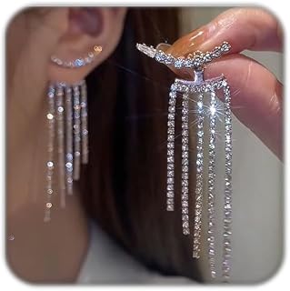 Silver Rhinestone Tassel Earrings for Women Long Tennis Prom Earrings Crystal Chain Dangle Earrings Wedding Party Jewelry