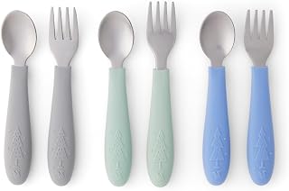 Elk and Friends Baby/Toddler Silverware with Silicone Handles | 6pcs | Kids Utensils | Stainless Steel Cutlery | Spoons + Forks | Childrens Flatware | Dishwasher Safe
