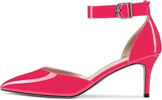 NobleOnly Women's Needle Kitten Low Heel Ankle Strap Pumps Closed Toe Pointed Toe Wedding Office Dress Shoes 6.5 CM Heels