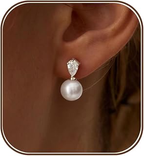 Pearl Earrings for Women, Dainty Wedding Bridal Earrings 14k Gold Plated CZ Pearl Drop Earrings for Women Trendy Hypoallergenic Unique Gold Drop Earrings Fashion Prom Jewelry