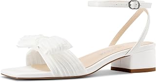Castamere Sandales à talons avec nœud papillon et boucle de cheville pour femme Bout carré ouvert Talon épais Robe de mariée Mode 3,6 cm