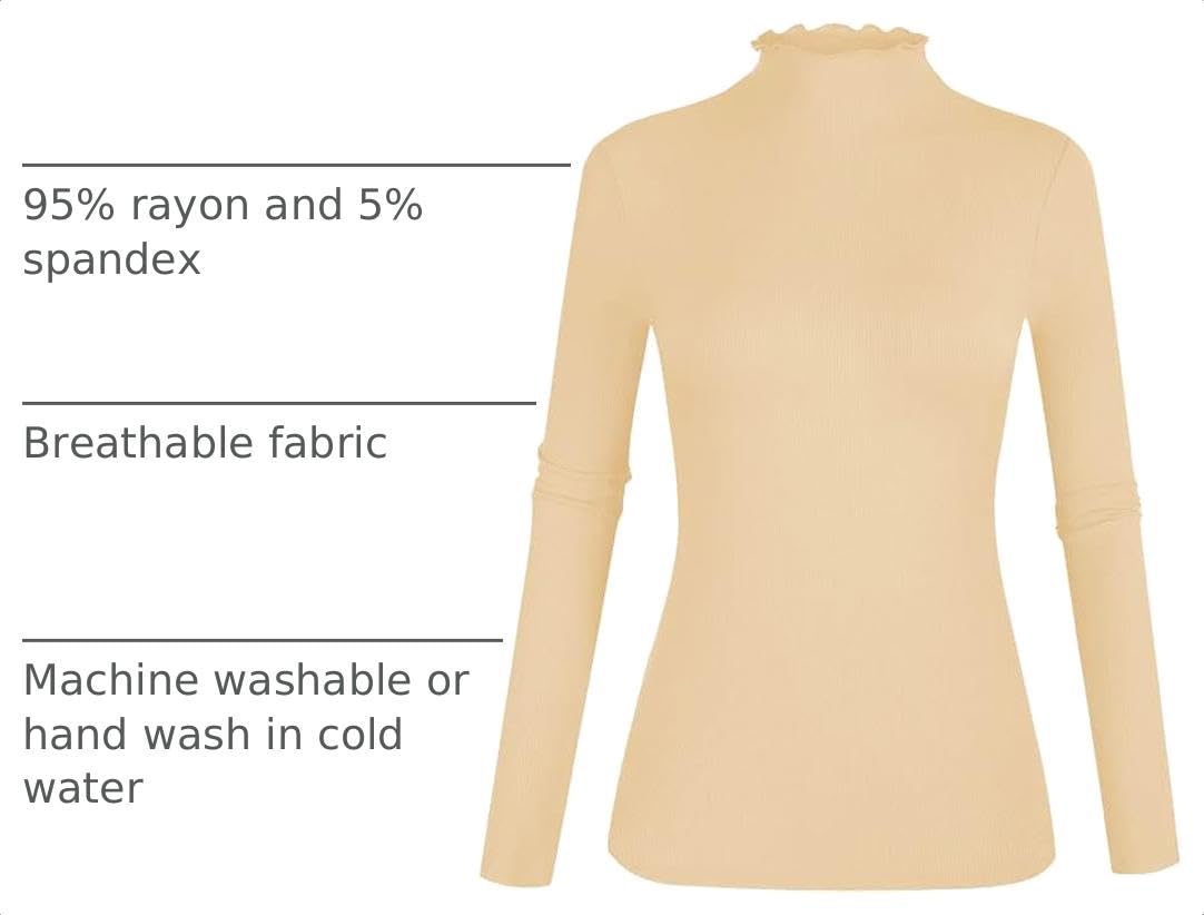 POPZONE Women Lettuce Trim Mock Neck Long Sleeve Ribbed Knit Tee Shirt Top