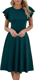 Abito da donna aderente e svasato a maniche corte con volant e scollo a V, semi-formale, linea A, con tasche, DJ842