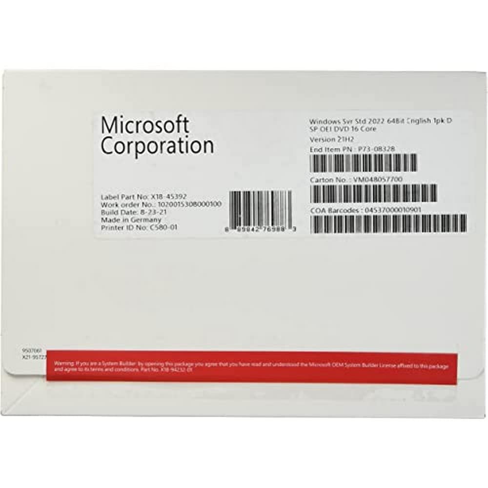 Microsoft Windows Server 2022 Standard | Base License with media and key | 16 Co