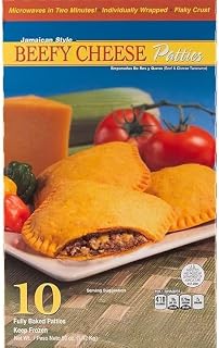 Jamaican Style Beefy Cheese Patties are made with ground beef and real cheddar cheese. Each patty is wrapped with a flaky crust for easy hand-held snacking. [ 50 oz, 3.12 lb ]