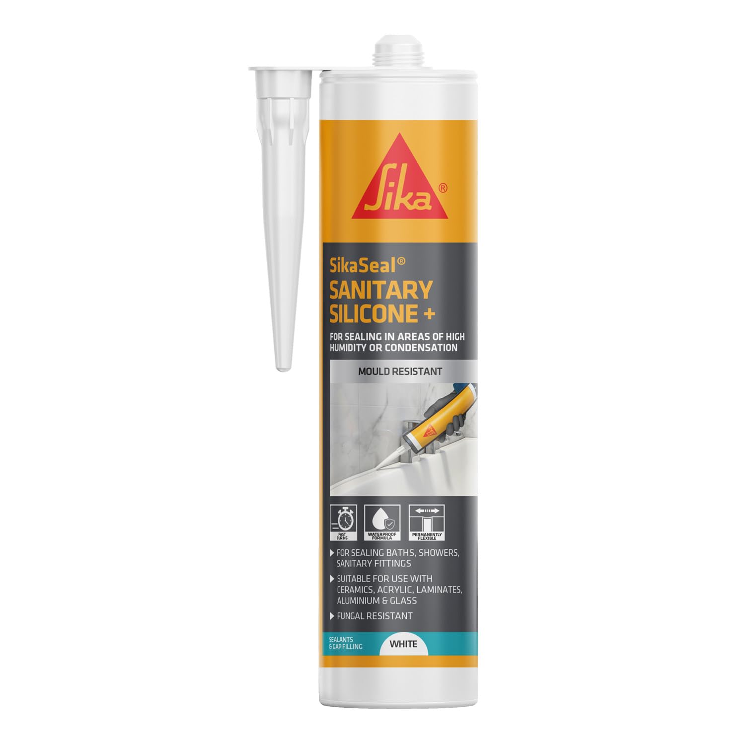 Sika SikaSeal Sanitary Silicone +, Mould Resistant, White, 295ml | Waterproof – 