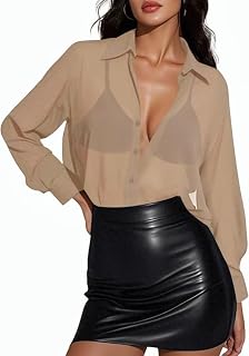 Prettywear Women Blouses Long Sleeve Clear Transparent Mesh Oversized Blouses Sexy Button Out Blouses