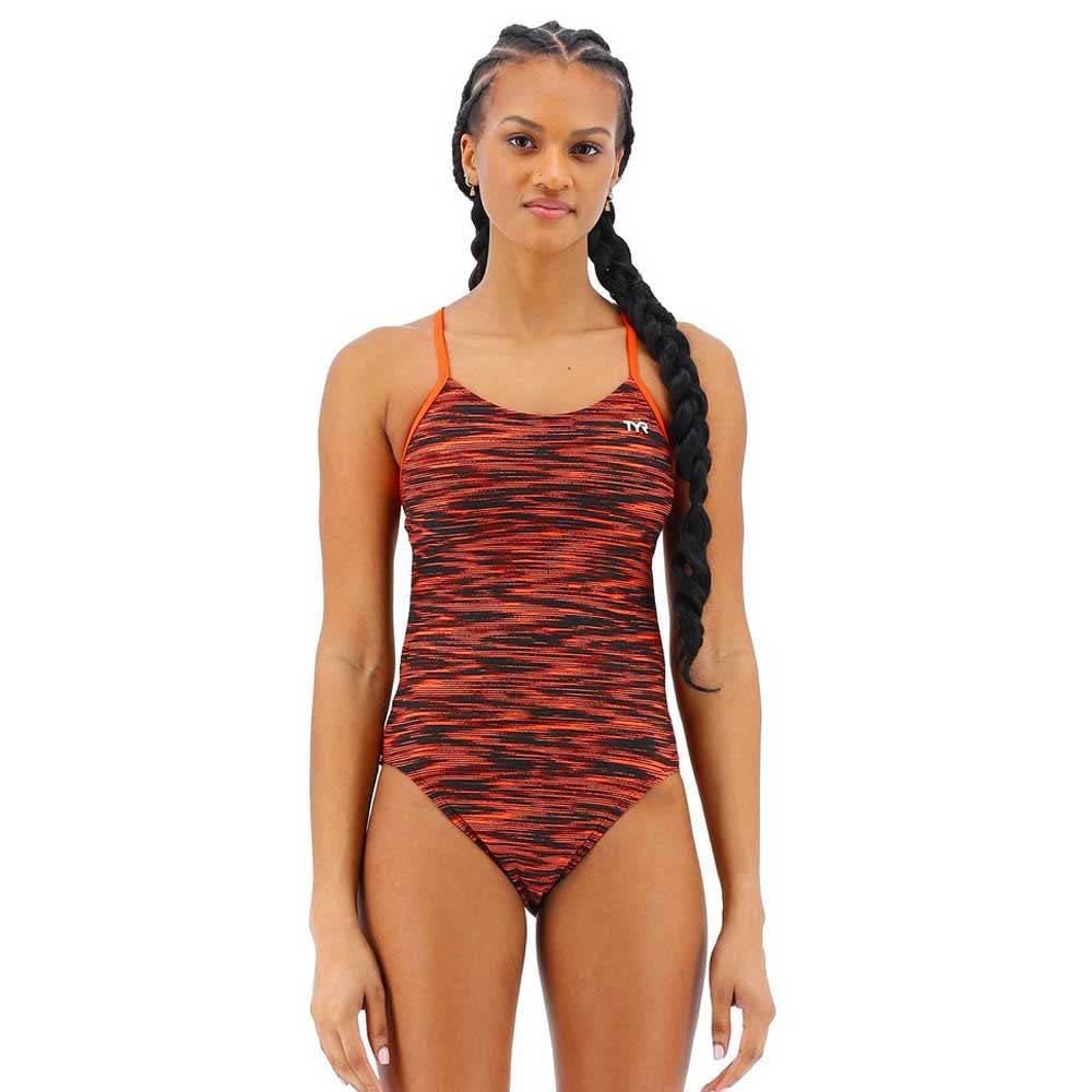TYR Women's Standard Durafast Elite Cutoutfit Swimsuit, Black/Orange, 26