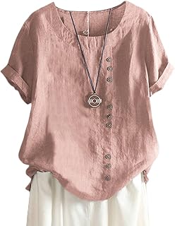 ORANDESIGNE Linen Shirt Short Sleeve Women Casual Vintage Tops Blouse T-Shirts Short Sleeve Crew Neck Tunic Tops Shirt Loose Plus Size T Shirt