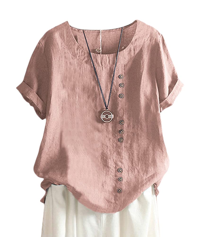 ORANDESIGNE Linen Shirt Short Sleeve Women Casual Vintage Tops Blouse T-Shirts S