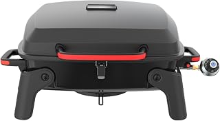Megamaster Tabletop 1 Burner Gas Grill, Foldable Legs with Warming Rack | Offers 11000 BTU, Built-In Thermometer, Push Ignition, 360 Sq In Cooking Space, Uses 1 Lb Propane, For Camping & Tailgating