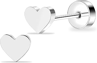 ZDE Women Flat Back Heart Earrings Non-Nickel Star Earrings Titanium Hypoallergenic Cartilage Moon Earrings Stud for Sensitive Ears Simple Classic 5mm Flat Stud Earring