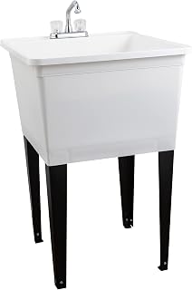 Tehila Basics by JS Jackson Supplies 21-Gallon White Freestanding Utility Sink with Chrome Finish 2-Handle Faucet, Heavy Duty Plastic Laundry Tub with Adjustable Legs