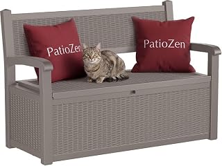 PatioZen 80 Gallon Storage Bench Deck Box, Grey | Waterproof, Lockable, Outdoor Storage Furniture for Patio, Garden and Porch, Tools and Swimming