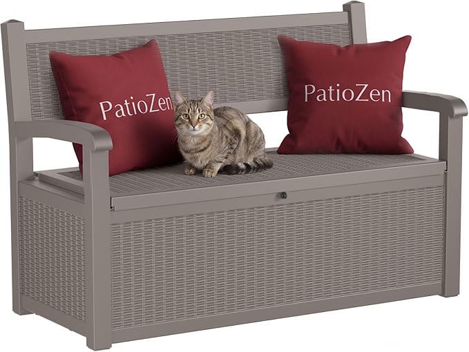 PatioZen 80 Gallon Storage Bench Deck Box, Grey | Waterproof, Lockable, Outdoor 