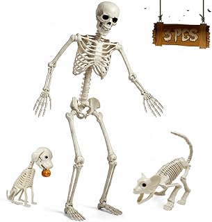 5.4FT Life Size Skeleton with Cat Dog, Plastic Skeleton for Halloween Decor | Full Size Poseable Skeleton for Halloween Front Yard Patio Lawn Garden Props Spooky Party Decoration