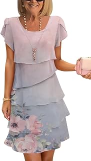 Onsoyours Women Summer Chiffon Dress Round Neck Elegant Evening Dresses Flowers Print Short Sleeve Ruffles Lightweight And Breathable Mini Dress Casual Cocktail