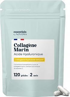 Marine Collagen + Hyaluronic Acid + Vitamin C, 120 Capsules - 2 Months | Essentials by 800 mg Naticol® Hydrolyzed Collagen Type 1 – Made in France Novoma