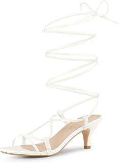 Allegra K Women Faux Leather Strappy Lace Up Open Toe Kitten Heels Sandals